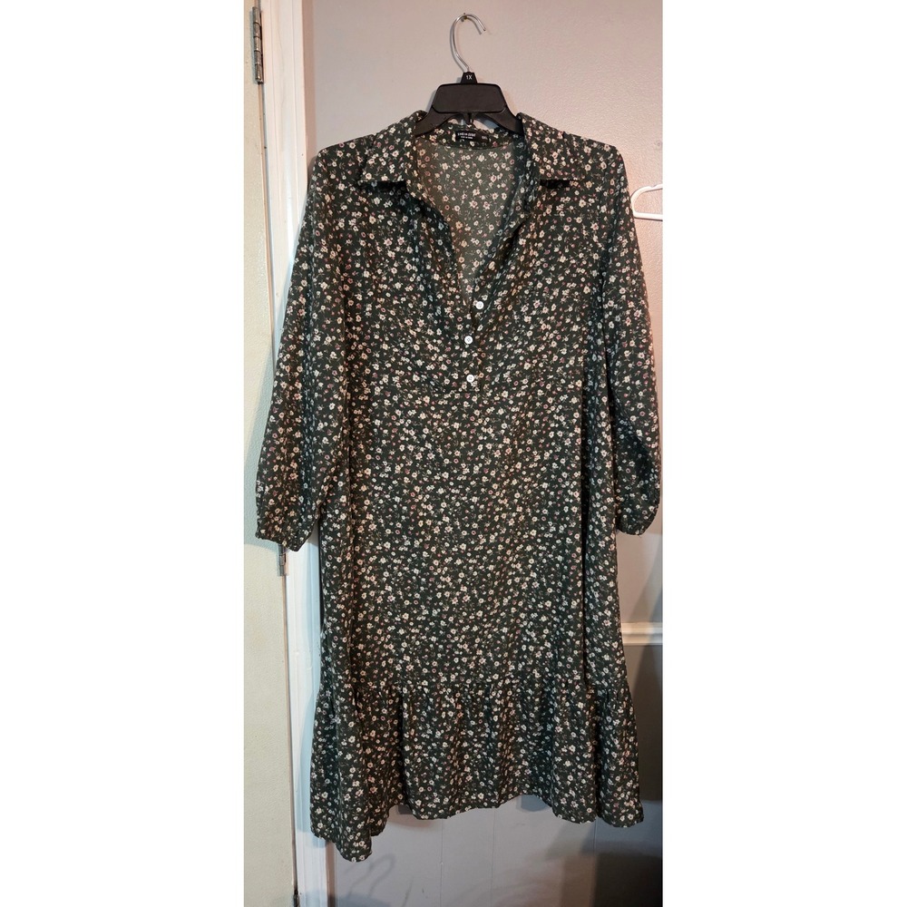 SHEIN Curve Floral Shirt Dress 0XL Green Ditsy Flower Ruffle Hem Knee Length